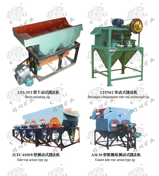 LTA-55/2型下动式跳汰机 Below pulsating jig LTP34/2旁动式跳汰机  Rectangle compartment side way action type jig 2LTC-6109/8型侧动式跳汰机 Side way action type jig AM-30型粗颗粒侧动式跳汰机 Coarse side way action type jig